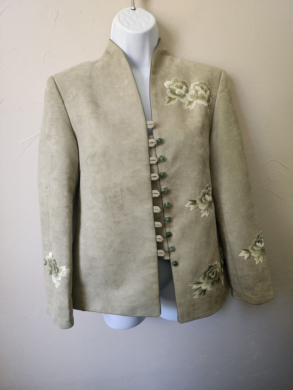 Women's Olive Green Embroidered Mandarin Collar Jacket Size 2